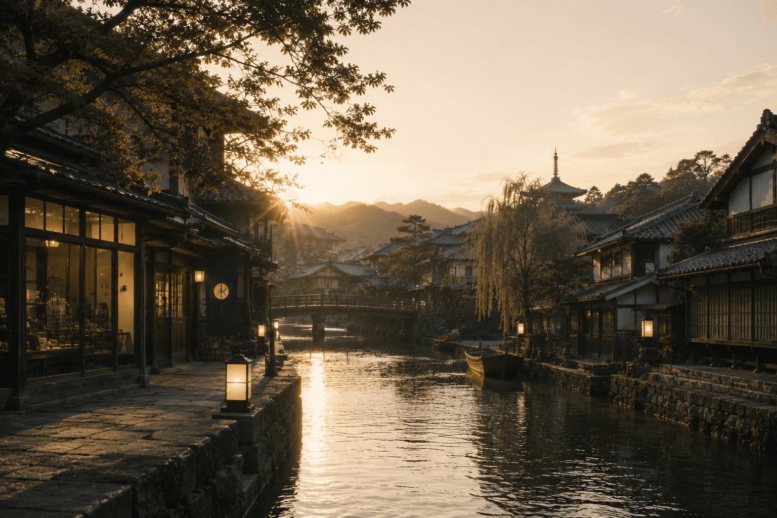 夕暮れに灯る川沿いの古い町並み